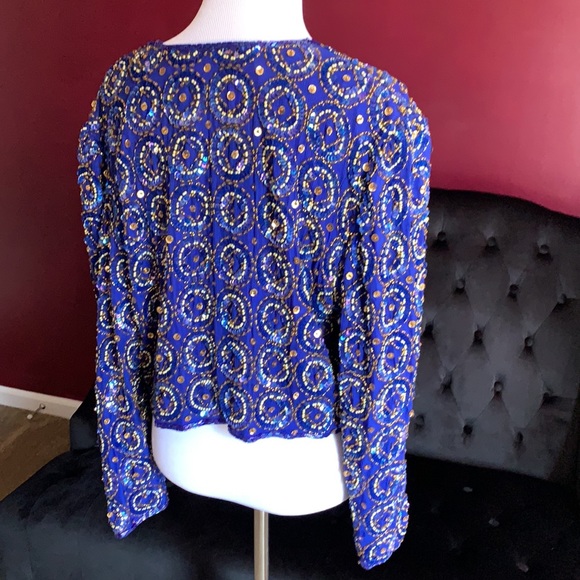 Night Vogue Cobalt Blue Sequined Jacket - Picture 4 of 7